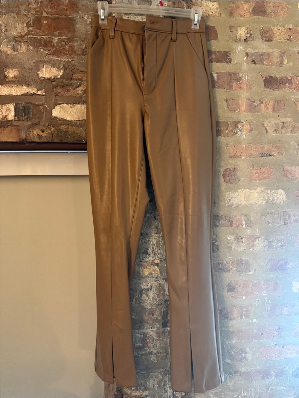 AF women’s Faux Leather split hem Tan pants